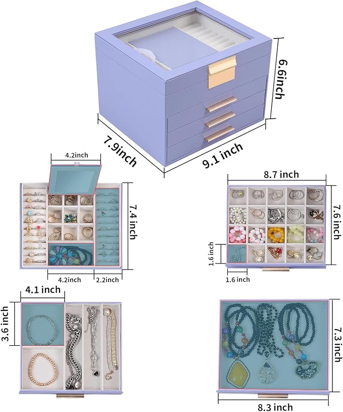 BOOVO Clear Lid Jewelry Box,4 Layers Jewelry Organizer Large Jewelry Storage Box with 3 Drawers,Jewelry Holder Organzier of Rings Earrings Necklace Bracelets for Women (Purple, 4 Layer) - Image 4