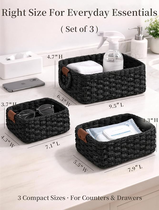 Storage Basket, Recycled Paper Rope Bathroom Basket Organizer, 3Pcs Small Baskets for Organizing, Mini wicker Basket for Decorative Storage Bins, Shelves, Bathroom, Cabinet - Black - Image 2