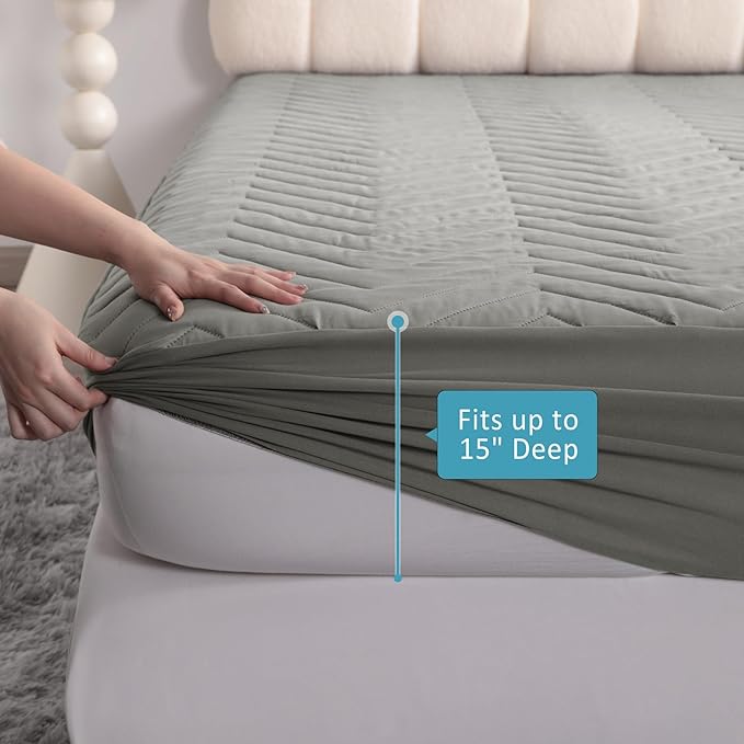 1 Pack Waterproof Mattress Protector, Quilted Mattress Pad with 15 Inch Deep Pocket, Soft Breathable Microfiber Surface, Machine Washable Bed Mattress Cover, Grey