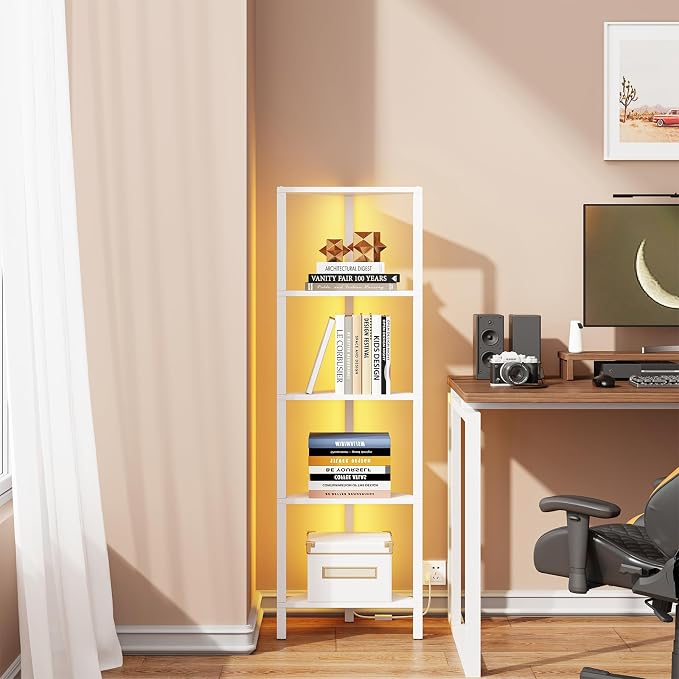 TUTOTAK Corner Shelf with LED Light, 5-Tier Corner Bookshelf for Small Space, Narrow Display Corner Shelf Stand with Storage Rack, for Living Room, Bedroom, White BS05BW005L - Image 4