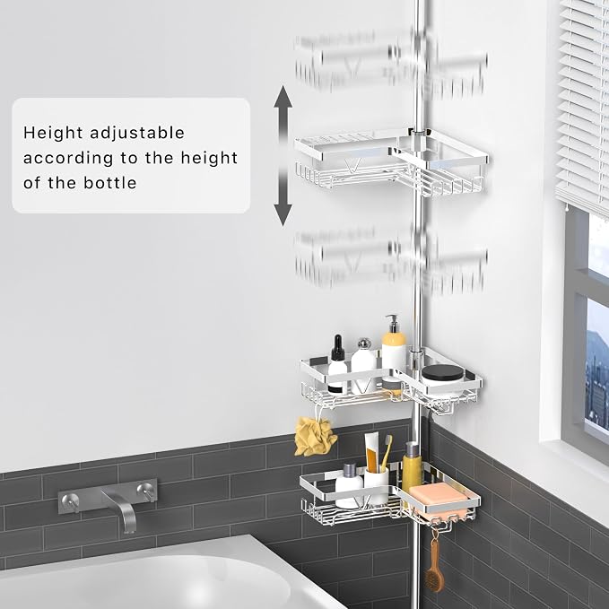 KEGII Corner Shower Caddy Tension Pole - Chrome 4-Tier Adjustable Shower Tension Rod Organizer with Hooks & Soap Holders, 25-114.2 Inch Stainless Steel Shower Storage Rack for Renters & Family - Image 2