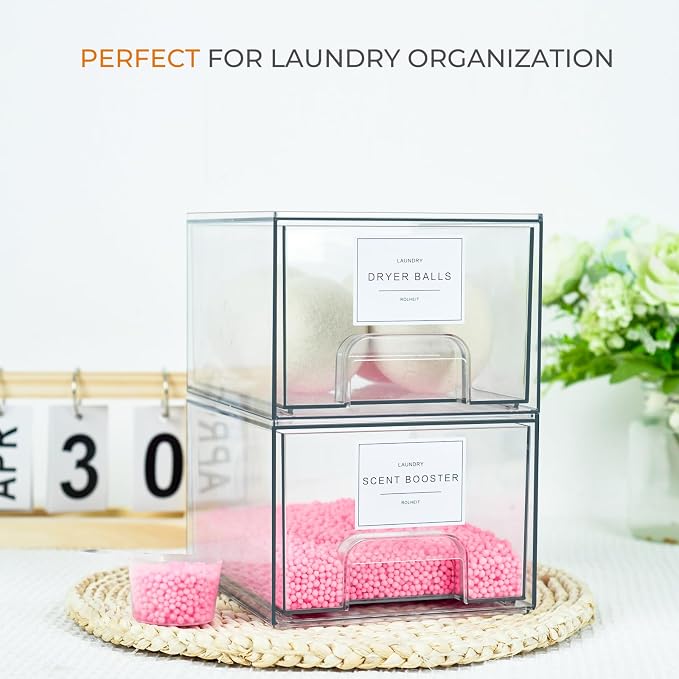 4 Pack Laundry Room Organization Storage Drawers with Labels, Clear Stackable Dryer Sheet Holder and Pod Containers, Detergent Dispenser for Laundry Room Organizing and Decor - Image 2