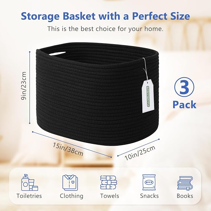 ECDYQXVU Cotton Rope Storage Basket, 15x10x9 Inches, Woven Basket for Shelves, Clothes, Towels, Books, and Laundry, Black (3 Pack) - Image 3