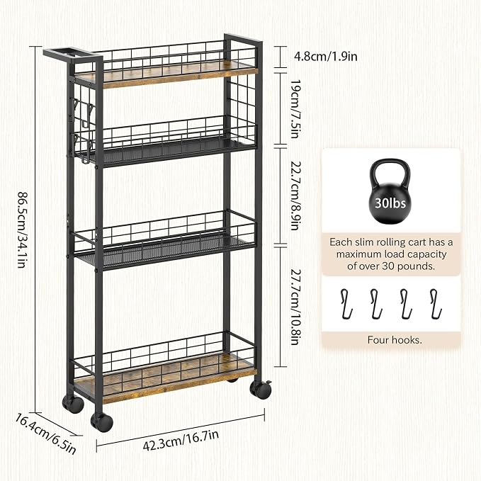 LASZOLA Slim Storage Cart with Wheels, 4 Tier Mobile Narrow Shelving Unit Organizer Utility Cart with Handle, Skinny Rolling Trolley for Small Space Kitchen Bathroom Laundry, Black and Rustic Brown - Image 3