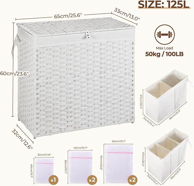 Greenstell Laundry Hamper with Lid, 125L Wicker Laundry Baskets with 2 Removable Liner Bags & 5 Mesh Laundry Bags, Handwoven Rattan Clothes Hamper with Handles for Clothes in Bathroom, Bedroom - Image 5