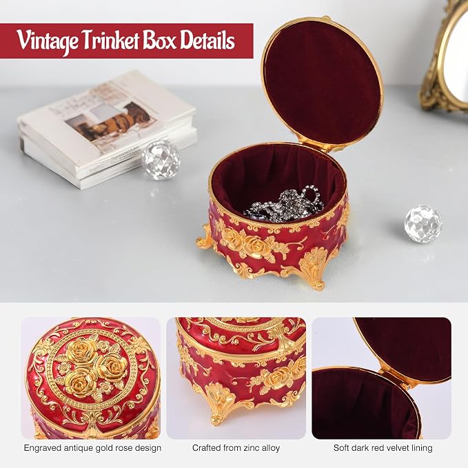 Vintage Jewelry Box, Gold Round Treasure Ring Box, Metal Trinket Organizer Keepsake Box Gift for Girl Women, Red - Image 6