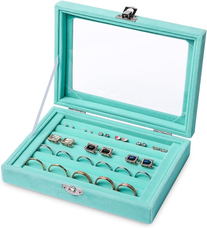 Frebeauty Rings/Earring Organizer Tray with Clear Lid,7 Slots Ring Box Velvet Ring Holder Drawer Insert Jewelry Storage Box Jewelry Display Case Jewelry Box Gift for Women and Girls(Turquoise,7 Slots) by Frebeauty
