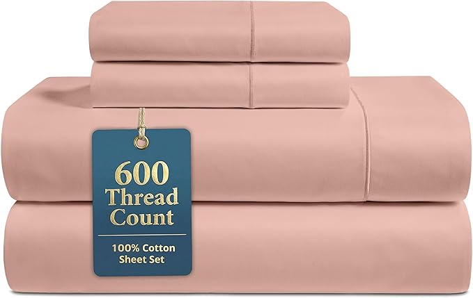 LANE LINEN California King Sheet Sets - 600 Thread Count Premium Sateen Weave - Thick & Comfy Cotton Sheets for Hotel Quality Softness - 15'' Deep Pocket for Snug Fit to Your Mattress - Sepia Rose