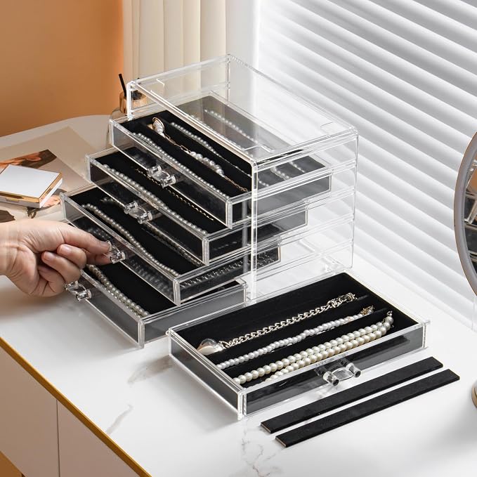 YUFONG Necklace Holder Organizer, Dustproof Necklace Box Velvet Necklace Organizer Box with Lid Clear Acrylic Dustproof Stackable Jewelry Displays for Necklaces Chain Display (Black, 5 Drawer) - Image 2