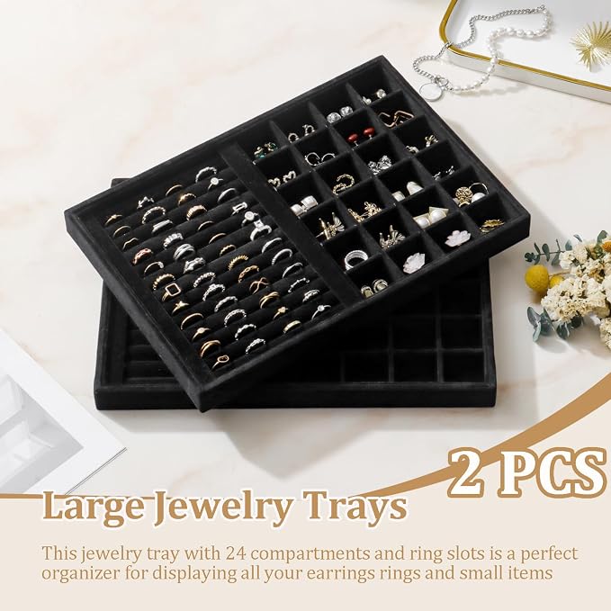 Large Velvet Jewelry Tray 2 Pack Stackable Jewelry Display Drawer Inserts Trays Organizer for Earring Bracelet Necklace Ring (Black, Ring and 24 Grids) - Image 2