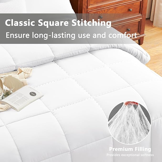 CozyLux Oversized Queen Comforter Set, 3 Pieces White 98x98 Box Stitched Design Soft Bedding Set, All Season Lightweight Breathable Bed Set with 1 Down Alternative Comforter and 2 Pillow Shams