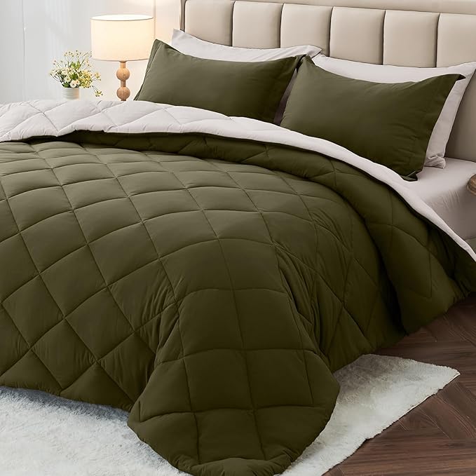 MUXHOMO 7 Pieces Full Comforter Set, Reversible Bed in a Bag Full Size, All Season Bedding Set with Comforter, Flat Sheet, Fitted Sheet, Pillowcases & Shams, Olive Green & Beige