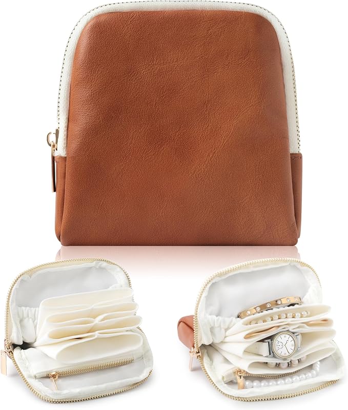 Genuine Leather Travel Jewelry Organizer Case Pouch Bags with Zipper, Small Mini Portable Jewelry Storage Bag for Ring Earrings Necklace Bracelet Travel Essentials Gift for Women（Brown） by NGVRC