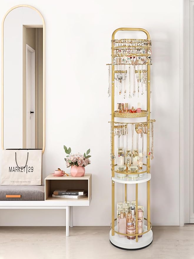 Jewelry Holder Organizer, Floor Jewelry Organizer with Earring Organizer Necklace Holder, Rotating Jewelry Stand Necklace Display Earring Storage, Large Hanging Jewelry Tree for Jewlery Bracelet Ring - Image 9