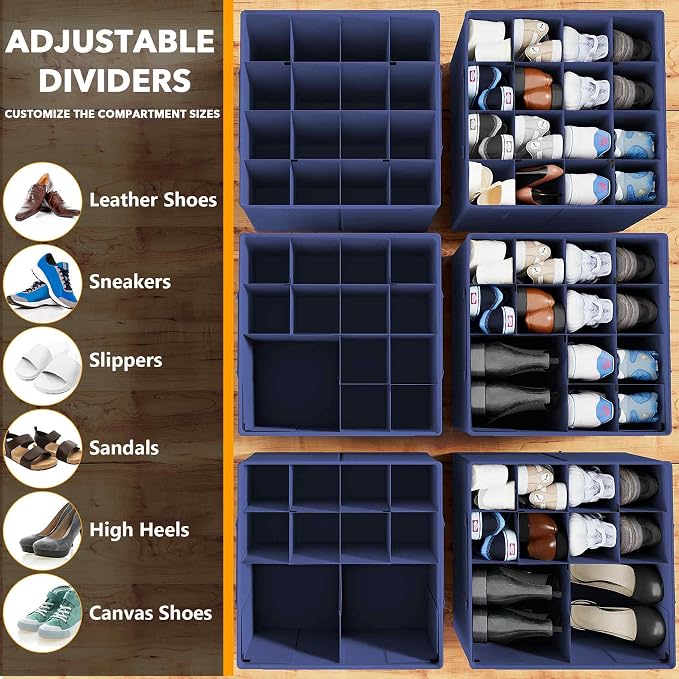 SpaceAid Shoe Organizer for Closet, 2 Pack Foldable Shoe Storage Containers Baskets Boxes Bins w/Adjustable Dividers, Fits 16-32 Pairs, Blue - Image 3
