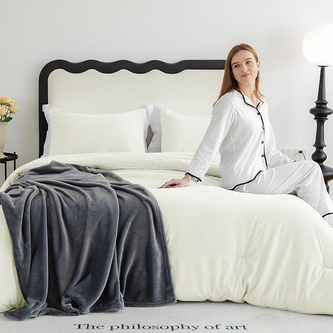 CozyLux King Size Comforter Set Ivory, 3 Pieces Solid Comforters King Size Breathable Quilted Bedding Sets, Luxury Soft Lightweight Bed Set with Down Alternative Comforter and 2 Pillowcases All Season