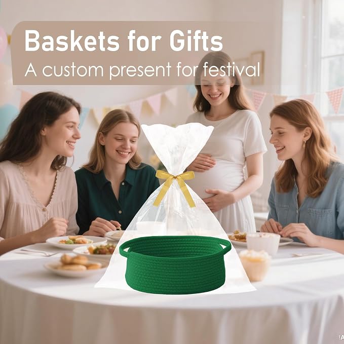JMvicyroam Woven Basket,Small Rope Storage Bin with Handles & Ribbon Bag, Organizer for Shelves Closets,Gift Basket Empty for Birthday,Books,Dog Toys, Green/3 Pack - Image 4
