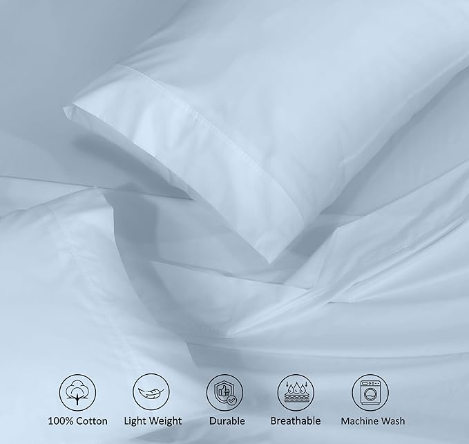 RUVANTI 100% Cotton Sheets – Split King Size Percale Bedding, Cooling & Breathable, Durable with a Crisp, Soft & Comfortable Feel, 16" Deep Pocket, 5-Piece Set, Baby Blue