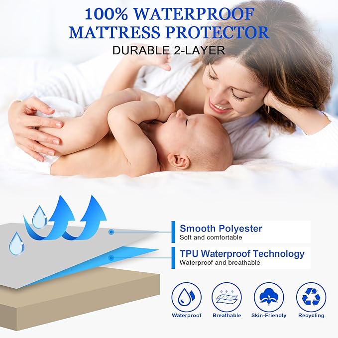 Sufdari Twin XL Mattress Protector,Waterproof Mattress Protector,Fitted Sheet Style Mattress Cover with 18" Deep Pocket,Washable and Comfortable-Light Tan,Twin XL