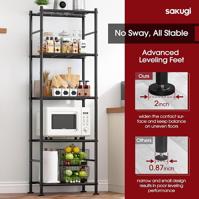 Sakugi Storage Shelves - Set of 2, 5-Tier Metal Shelf Organizer, Space-Saving Garage Shelving with Leveling Feet, Standing Shelves Organizer for Kitchen, Laundry, Pantry (18.4" x 12.6" x 57.4", Black) - Image 6