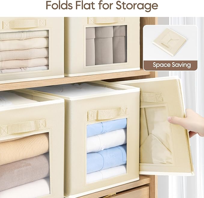 Homsorout Foldable Storage Cubes - Cubby Storage Organizer with Window, Decorative Baskets for Organizing, 11 Inch Fabric Cube Shelf Bins, Set of 10, Beige - Image 8