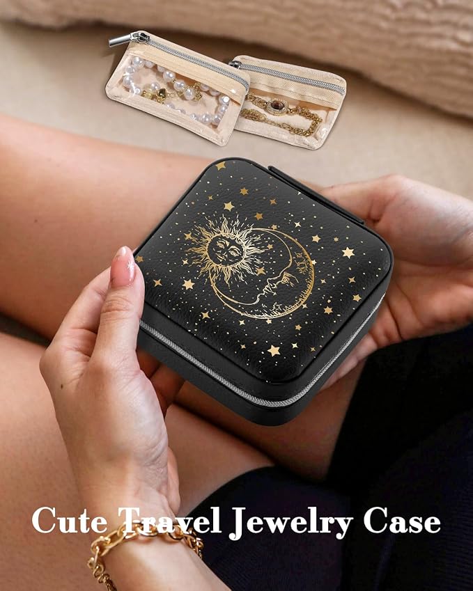 Bistup Travel Jewelry Case - Small Jewelry Organizers and Storage Box for Women Girls Teens Cute Traveling Jewelry Holder with Mirror Little Tiny Compact Modern Unique Aesthetic Pretty, Sun and Moon - Image 3