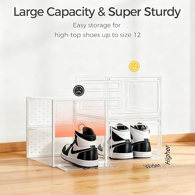 Pinkpum Upgraded Hard Shoe Storage Box 6 Pack X-Large Fit Size 12, Thicken & Sturdy Clear Plastic Stackable Shoe Organizer Box Closet, Sneaker Storage Display Case Holder Bins with Magnetic Door White - Image 3
