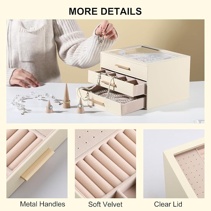 Frebeauty Clear Lid Jewelry Box,3-Layer Jewelry Organizer with Drawer,PU Leather Jewelry Organizers and Storage,Jewelry Boxes for Women,Jewelry Storage for Rings Earring Stud,Gift for Women(Beige) - Image 4