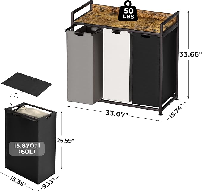 Herture Laundry Hampers with Shelf, Laundry Basket 3 Section, Laundry Sorter with Pull-Out Removable Large 3 Color Bags and Movable Wheels, Metal Frame, 3 x 15.87 Gallons (60L), Rustic Brown PF04XLN - Image 4