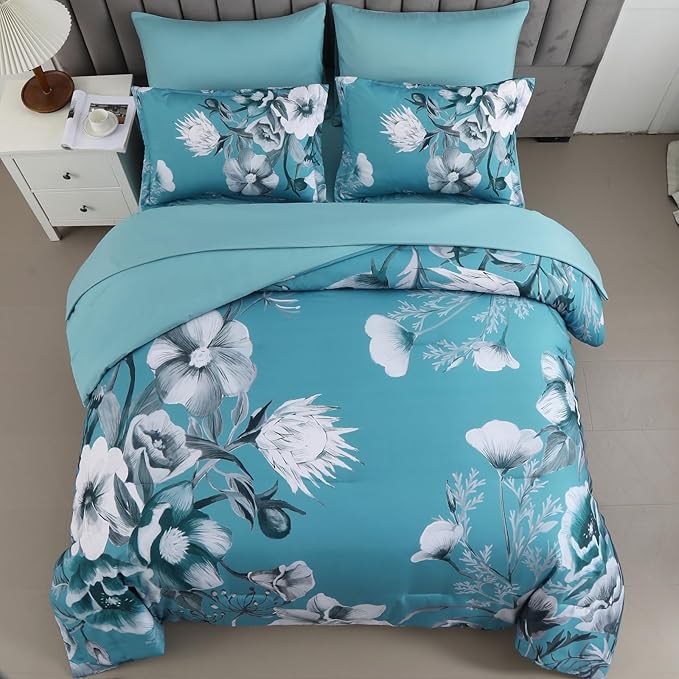 Luxudecor Floral Comforter Set Queen Size 7 Piece, Teal Blue Flower Bed in a Bag, Elegant Comforter Bedding Set for All Season (Teal Blue, 90"x90")