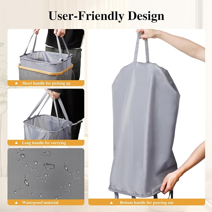 Foluck Large Laundry Hamper, 100L Waterproof Laundry Basket with Lid and Removable Bag, Collapsible Tall Clothes Hamper with Bamboo Handles for Clothes Toys in Dorm Bedroom Bathroom, Grey - Image 4