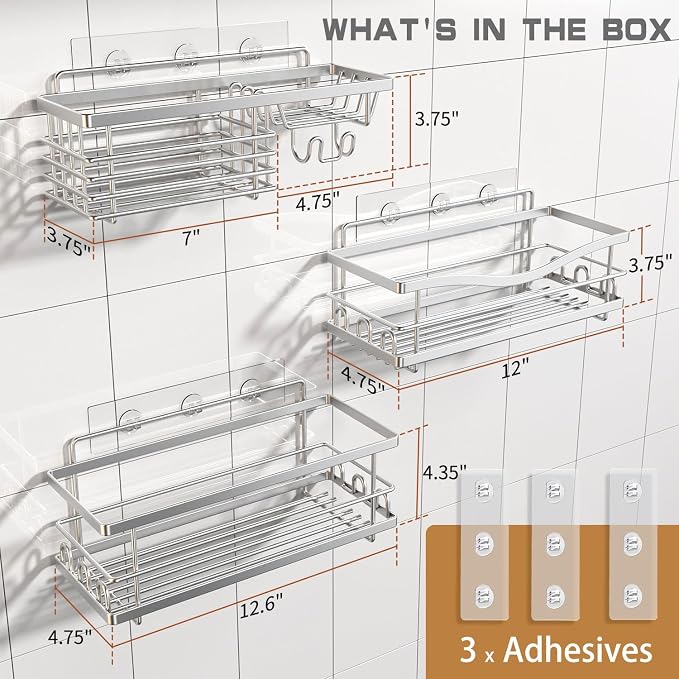 Youvip Shower Caddy, 3 Pack Large Capacity Bathroom Organizers and Storage, No Drilling Adhesive Rustproof Shelves with Soap Holder, Home Decor, Silver - Image 2