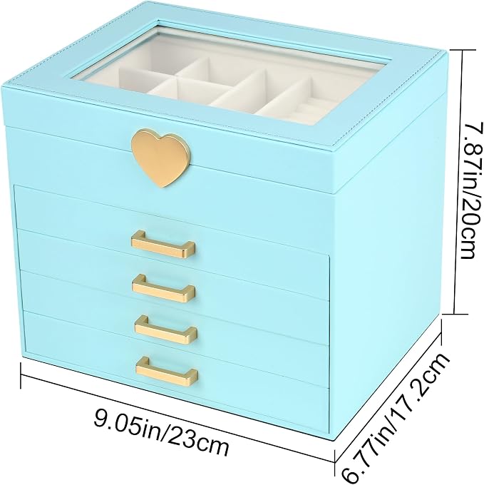 Kendal Jewelry Box, 5-Layer Jewelry Organizer Box with Glass Lid, Blue, Heart Shaped PU Leather, Storage Box for Necklace Earrings Rings Bracelets, Gift Idea for Girls LJC4DRBL - Image 3