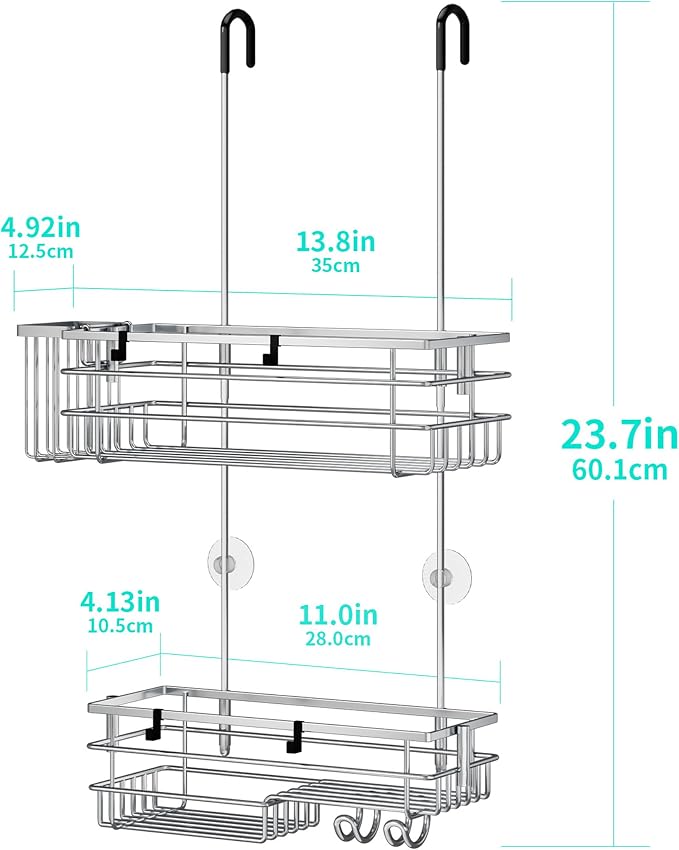 HapiRm Hanging Shower Caddy Organizer - No Drilling Shower Shelves with Hooks and Toothbrush Holder, Rustproof 304 Stainless Steel Bathroom Organizer - Silver - Image 6