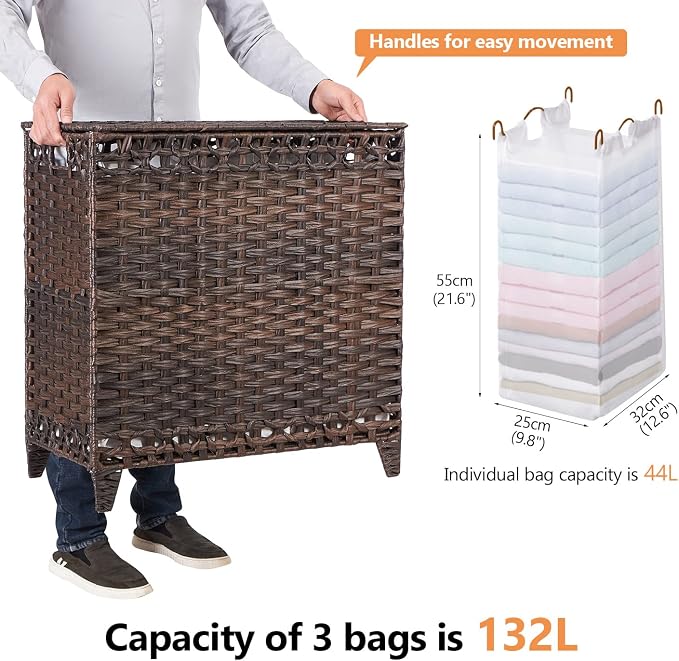 Laundry Hamper with 3 Removable Liner Bags; 132L Handwoven Rattan Laundry Basket with Lid & Heightened Feet; Clothes Hamper with Side Handles; Laundry Sorter with 3 Separate Sections - Image 4