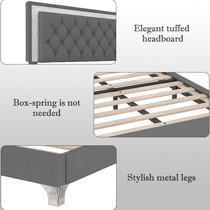 Harper & Bright Designs Farmhouse 3 Pieces Queen Size Bedroom Sets, Upholstered Platform Bed Frame with Headboard, 2 Nightstands and LED Lights, 3 Piece Bedroom Furniture Sets (Gray)