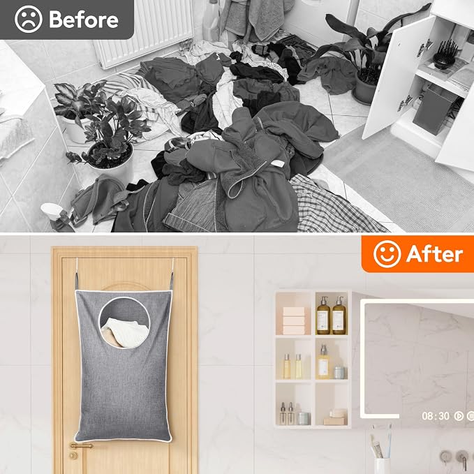 Lifewit 2 Pack Over Door Laundry Hamper, Large Collapsible Hanging Laundry Hamper, Hanging Laundry Basket Bag for Bathroom Bedroom Dirty Clothes Storage Organizer, Light Gray - Image 7