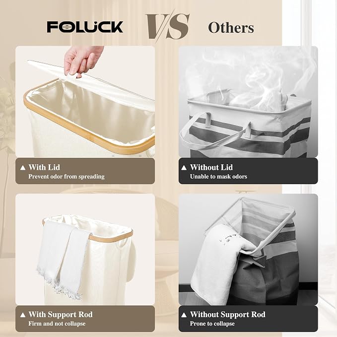 Foluck Slim Laundry Hamper, 60L Waterproof Narrow Laundry Basket with Lid and Removable Bag, Collapsible Tall Clothes Hamper with Bamboo Handles for Clothes Toys in Dorm Bedroom Bathroom, Beige - Image 4