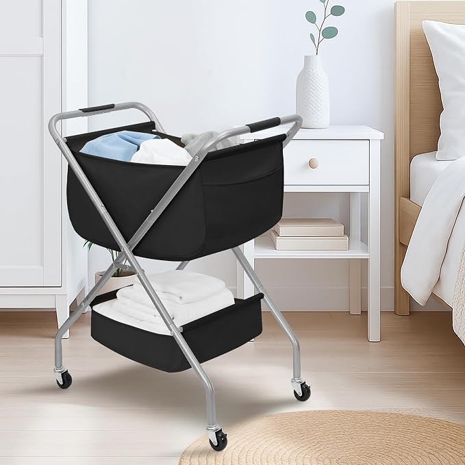 STORAGE MANIAC Collapsible Laundry Cart with Wheels 31.5"H Rolling Laundry Hamper Clothes Basket with Wheels, Canvas Liner Sturdy Steel Frame Folding for Small Narrow Space Easy Storage, Black - Image 7