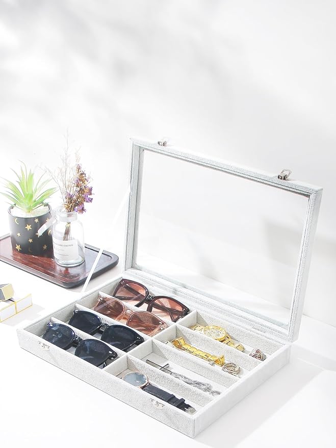 Coward Sunglass Organizer Tray Box, Grey Beige Velvet Eyeglasses Display Tray Case with Transparent Glass Lid for Home Use or Store Shop Selling Show - Image 4