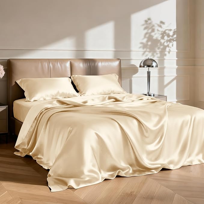 Love's cabin California King Satin Sheet Sets - 4 Piece Beige Silky Sheets Bed Set with Deep Pocket, Luxury Silk Feel Satin Cal King Sheet Set (1 Flat Sheet,1 Fitted Sheet,2 Pillow Cases)