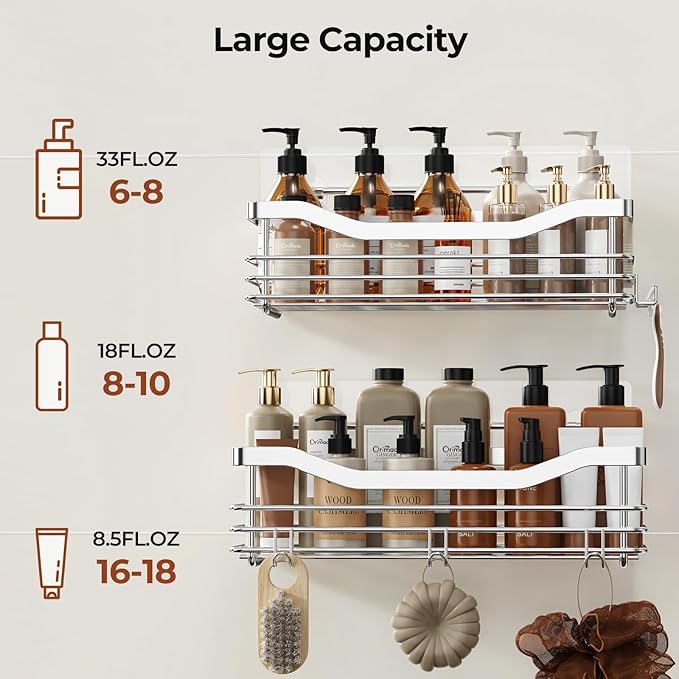 Orimade Shower Caddy Basket Shelf Storage Rack Pack of 2, No Drilling Wall Mounted Adhesive Rust Resistant Stainless Steel Shower Organizer with 5 Hooks for Bathroom, Toilet, Kitchen - Image 7