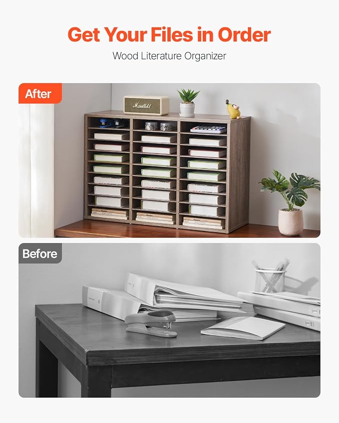 VEVOR Literature Organizer, 27 Compartments Office Mailbox with Removable Shelves, Wood Mailbox Sorter Particle Board Office Home Classroom Storage, File Sorter for File, Document, Paper, Black-Grey - Image 4