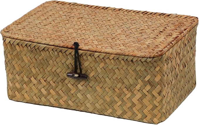 Wicker Basket with Lid, Natural Seagrass Storage Baskets for Organizing, Woven Basket for Storage, Decorative Boxes Bins with Lids Home Organizer Decor (‎Natural, Small) by ORDELITE