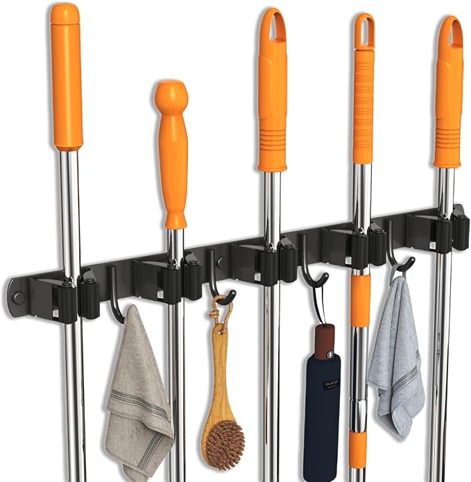 CUXIXA Mop and Broom Holder Wall Mount, Upgraded Broom Organizer Wall Mount, Stainless Steel Broom Hanger Wall Mount for Home Kitchen Garden Laundry Garage (5 Racks with 4 Hooks Black) by CUXIXA