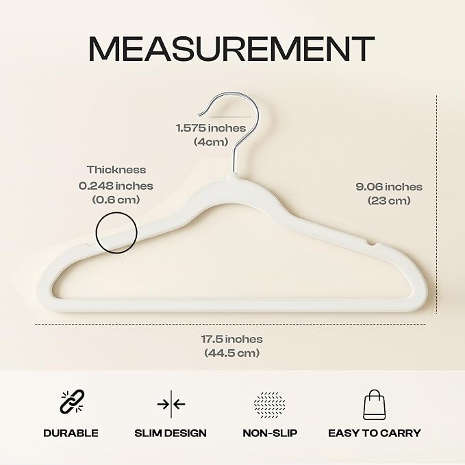 Utopia Home Velvet Hangers 50 Pack – Luxury Non-Slip Slim Pant & Coat Hangers, Strong Space-Saving Clothes Hangers with Pants Bar and 360° Swivel Hook – White - Image 6