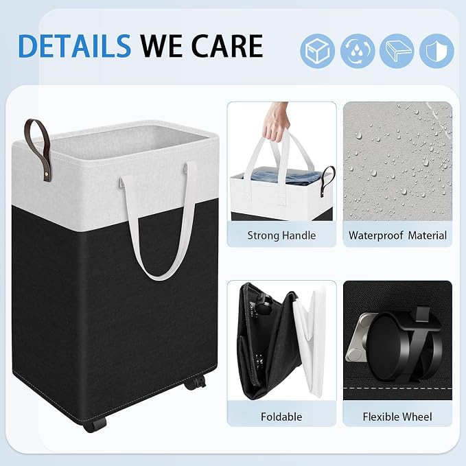 HomeHacks Laundry Basket with Wheels, Rolling Laundry Hamper, Collapsible & Waterproof Clothes Hamper, Narrow Corner Bins with Extended Handles for in the Family & Dorm 90L, Black - Image 3