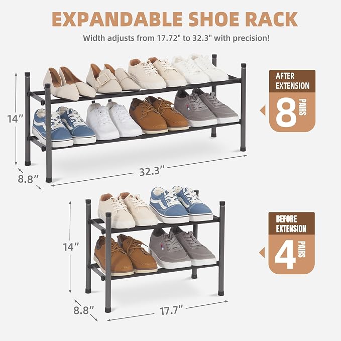 STORAGE MANIAC Expandable Shoe Rack, 8 Pairs Stackable Small Shoe Rack, Metal Adjustable Shoes Organizer for Closet, Entryway, Hallway, Garage, Front Door, Shoes Shelves, Black 2 Tier - Image 3