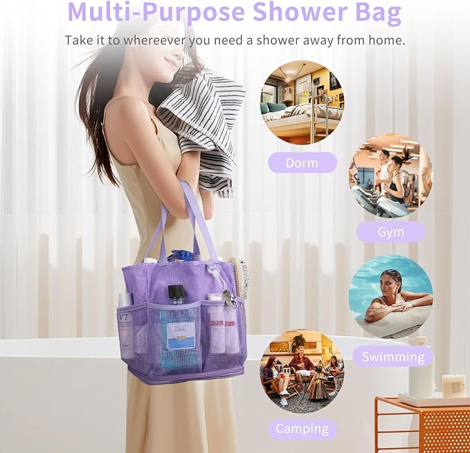 Mesh Shower Caddy Portable for College Dorm Room Essentials, Shower Tote Bag with Hanging Hook and Drawstring, Quick Dry Toiletry Bag with 6 Pockets for Bathroom, Swimming, Gym, Camping, Beach, Travel - Image 6