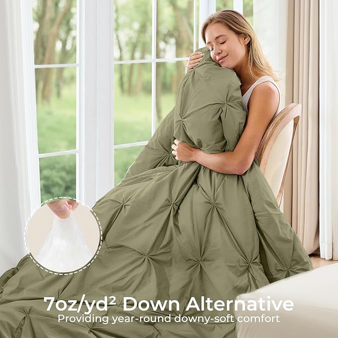 Sasttie Full Size Comforter Set, 7-Piece Bed in a Bag, Pintuck Bedding Sets for All Season, Includes Comforter, Flat Sheet, Fitted Sheet, Pillowcases and Pillowshams, Olive Green